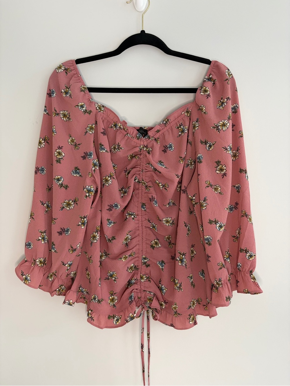 Zenobia Pink Floral Ruched Peasant Blouse